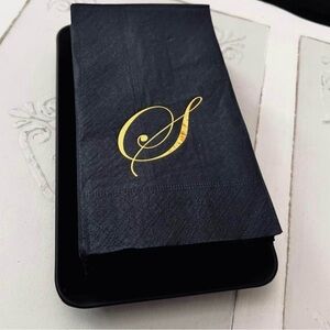 60 Monogrammed Black & Gold Foil Initial “S” Napkins Hand Towels & Tray Holder